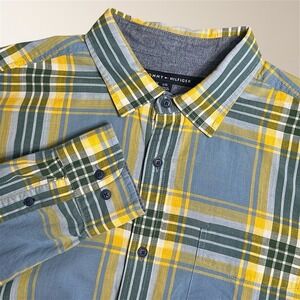 Tommy Hilfiger Mens L Gray Yellow Plaid Custom Fit Cotton Button Up Shirt Preppy